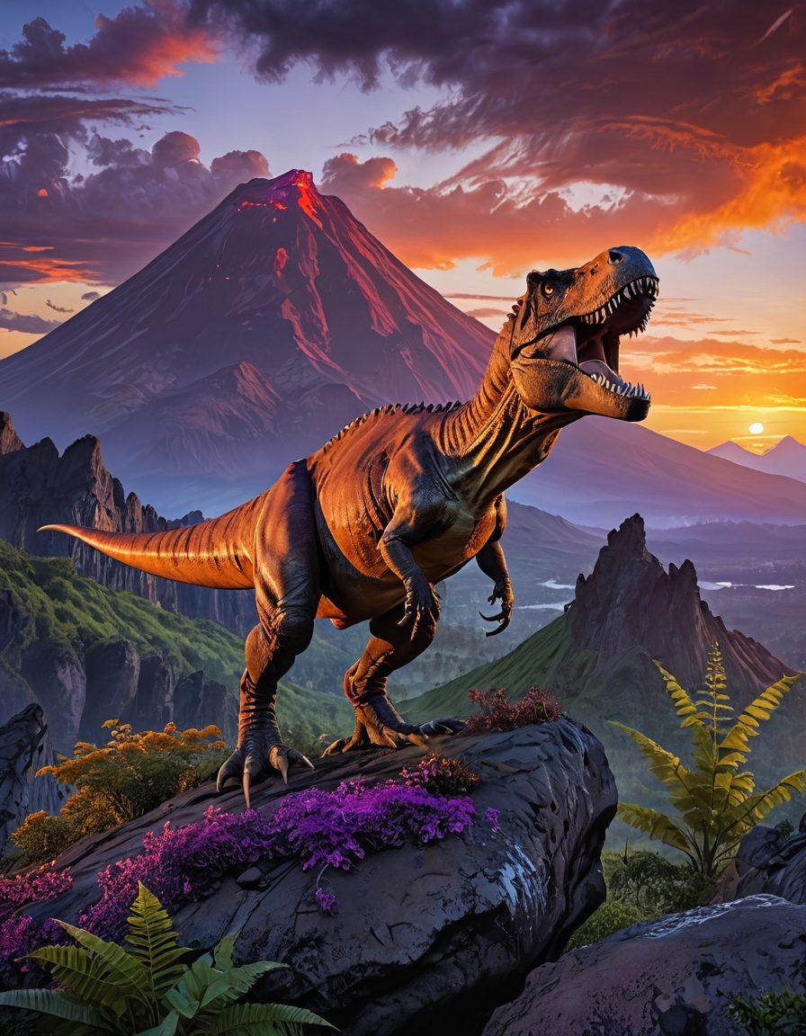 A powerful T-Rex standing atop a rocky outcrop, overlooking a lush prehistoric landscape, embodying strength and leadership. Surrounding the T-Rex, smaller dinosaur figures representing teamwork and collaboration, under a dramatic sunset sky. Include vibrant foliage and volcanic mountains in the background to evoke a sense of majesty and raw power in nature. super-realistic. vivid colors. high contrast.