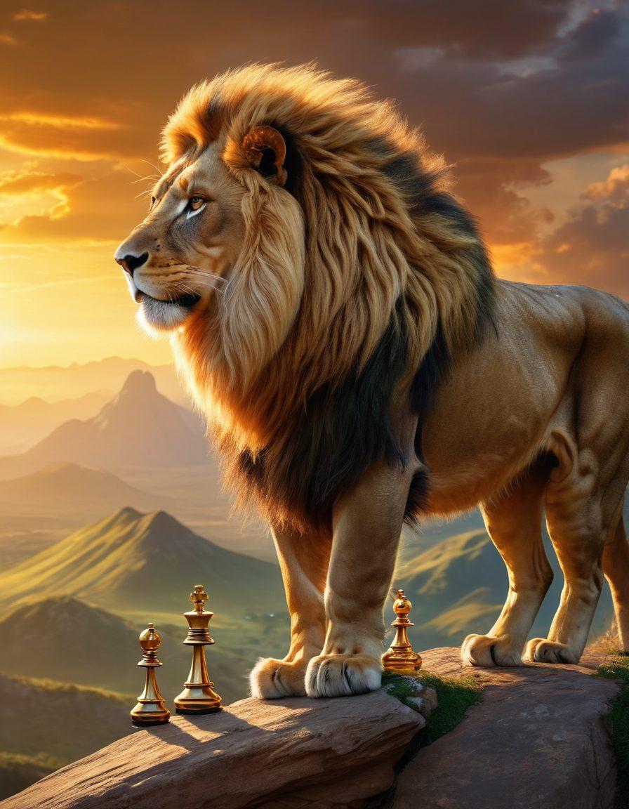 A fierce lion, representing Rex Power, confidently standing on a mountain peak over a vast empire, with shimmering gold and green landscapes below. The sun sets in the background, casting dramatic shadows and highlighting the lion’s majestic mane. In the foreground, strategy maps and chess pieces to symbolize dominance and tactical thinking. The atmosphere is intense and empowering, capturing the spirit of leadership. super-realistic. vibrant colors. dynamic lighting.